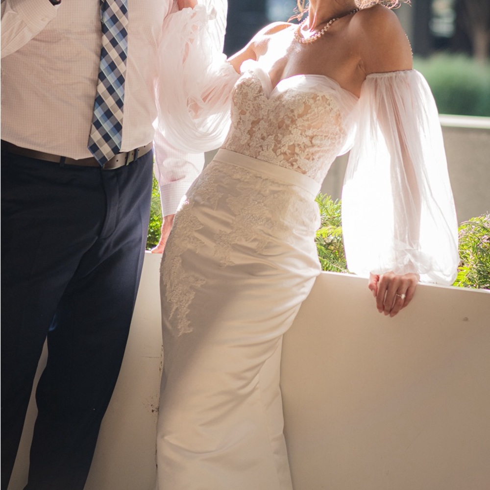 Pronovias Satin Ivory Wedding Dress with Detachable overSkirt, Sleeves and Veil